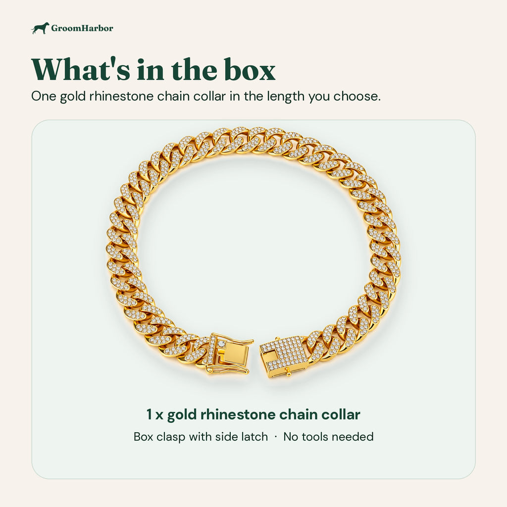 What's in the box: one gold rhinestone chain collar in the length you choose