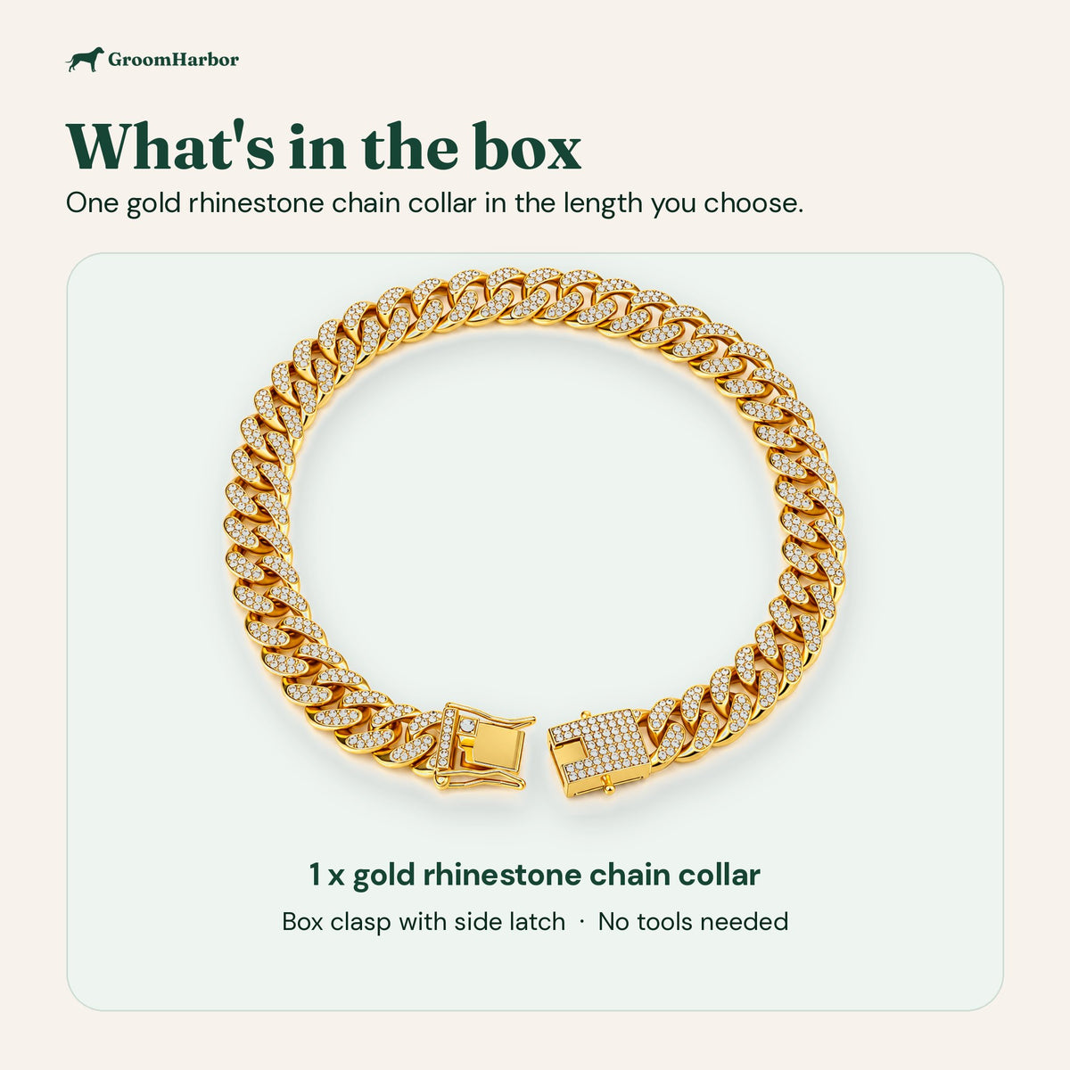 What's in the box: one gold rhinestone chain collar in the length you choose
