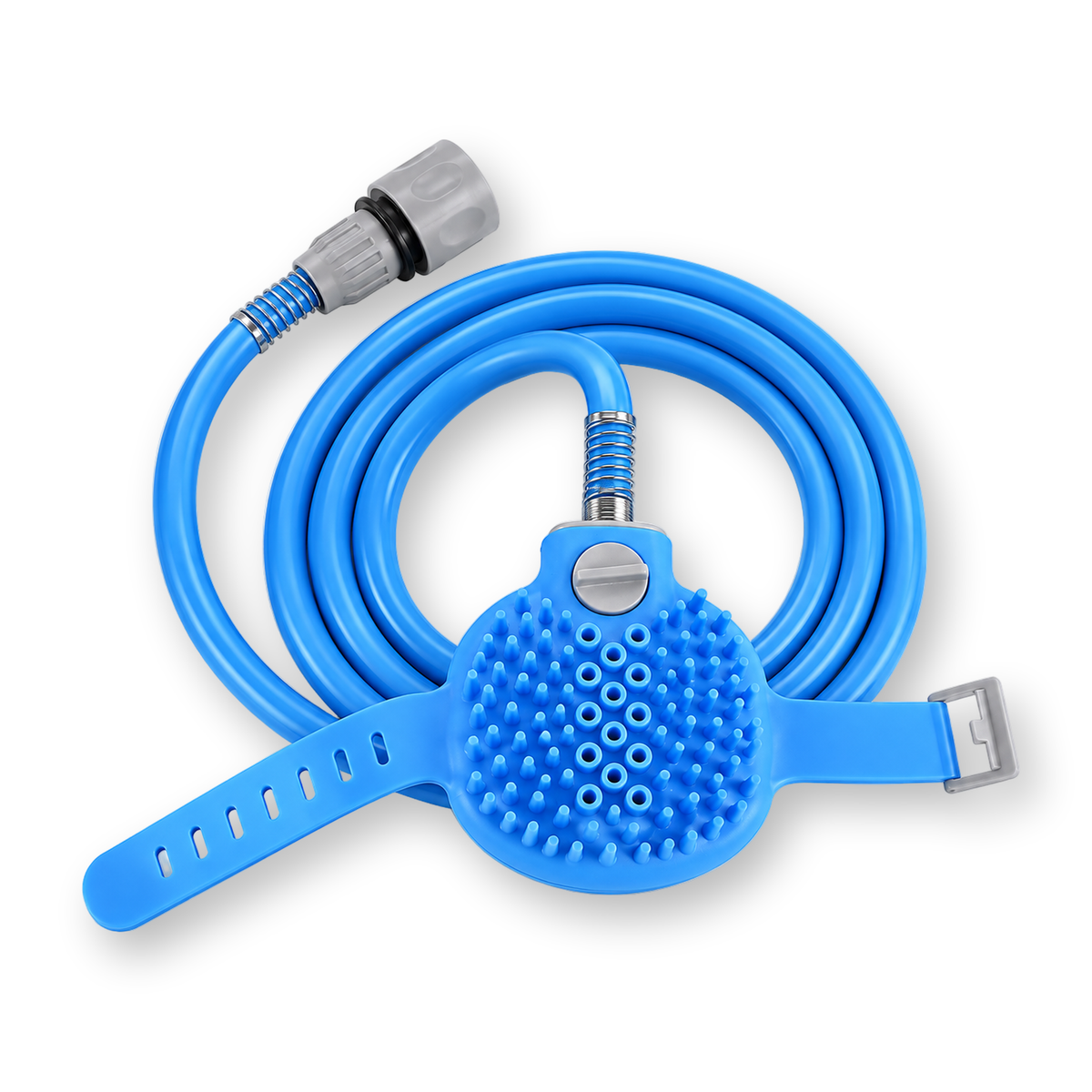 RinseMate dog shower sprayer brush with blue coiled hose, hand strap and connector, on white