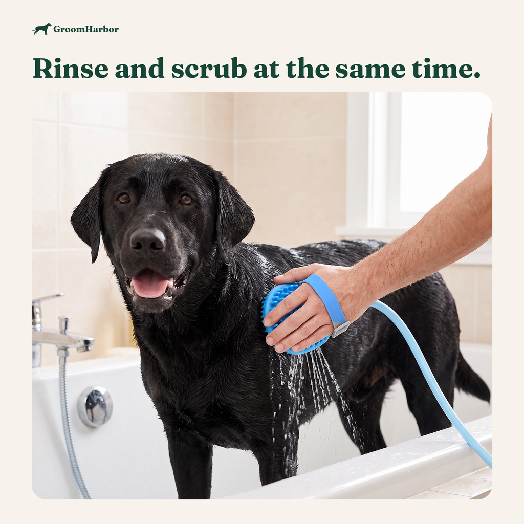 Black Labrador in a bathtub being rinsed and scrubbed with the RinseMate sprayer brush