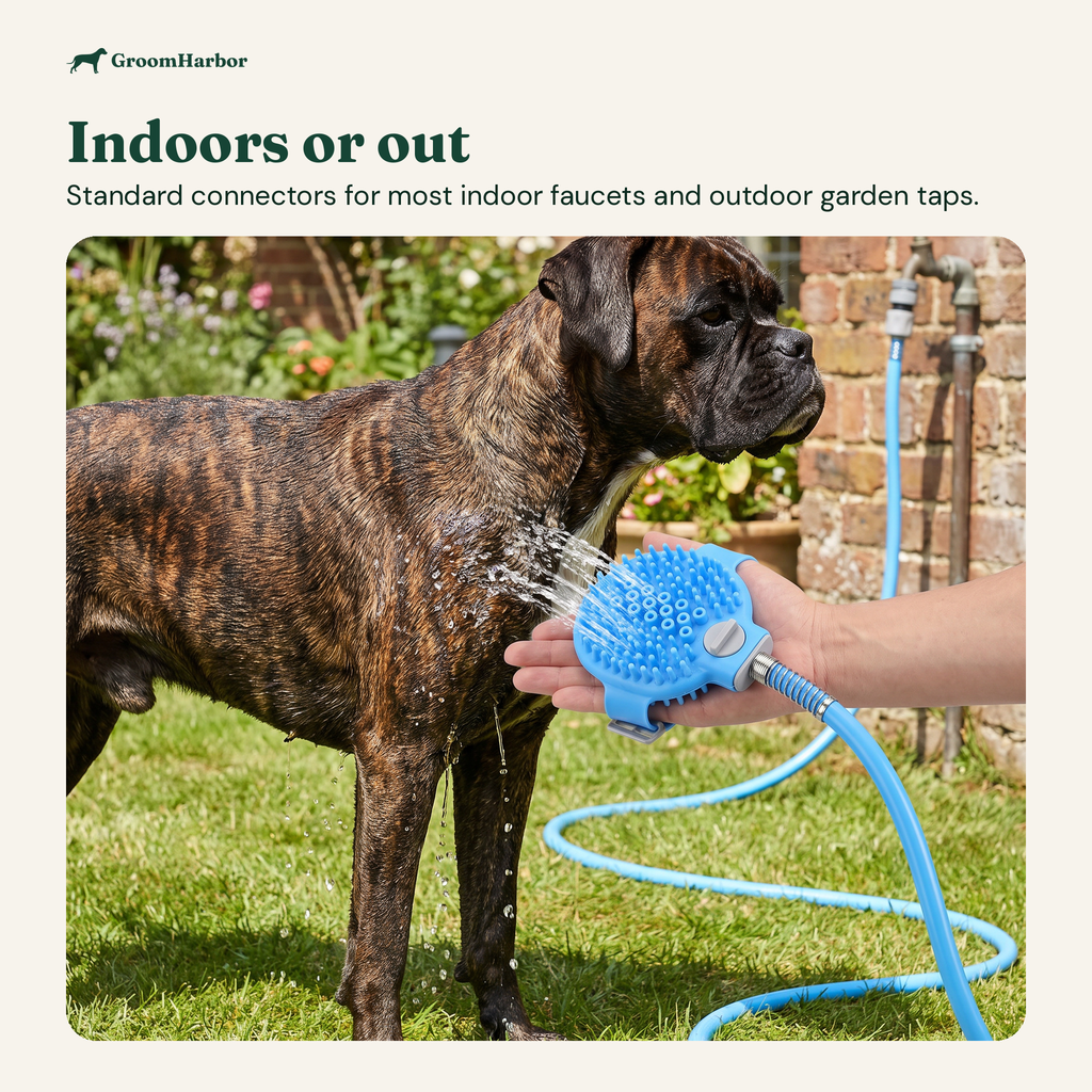 Dog being washed outdoors with RinseMate on a garden tap; standard connectors fit most indoor faucets and outdoor taps