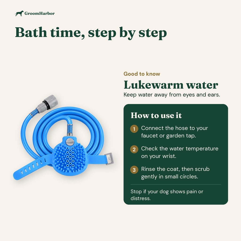 How to use RinseMate: connect the hose, check the water temperature, then rinse and scrub in small circles