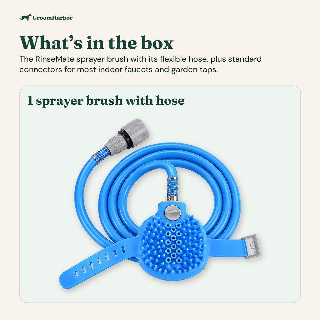 In the box: the RinseMate sprayer brush with its flexible hose and standard connectors