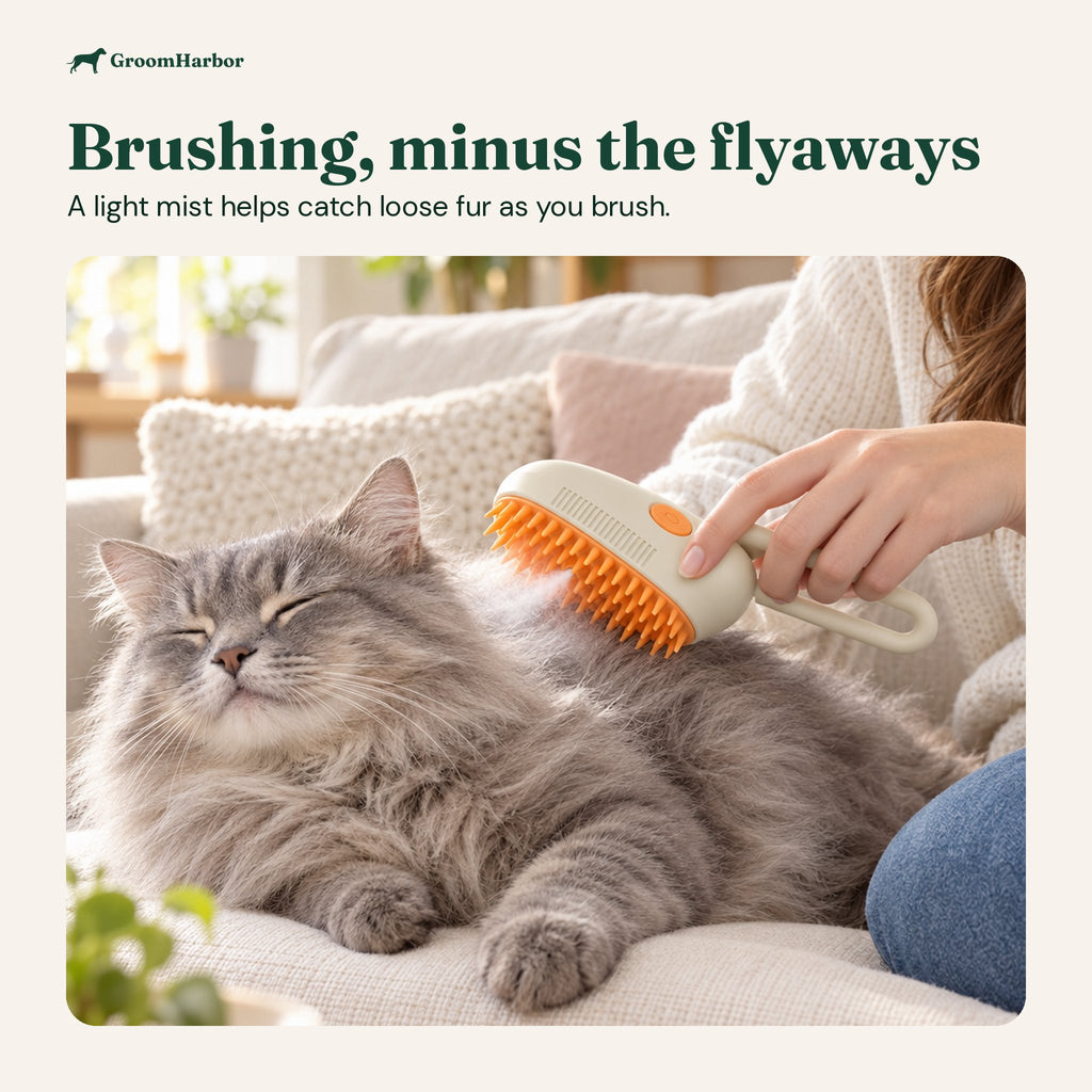 Woman brushing a relaxed grey long-haired cat on a sofa with the steam cat brush while a light mist comes from the pins