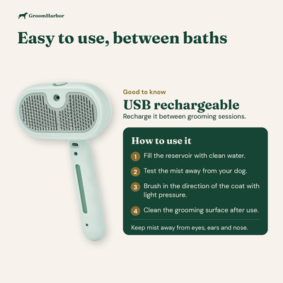 How to use Steam Brush Pro: fill with clean water, test the mist, brush with the coat, clean the pins after use
