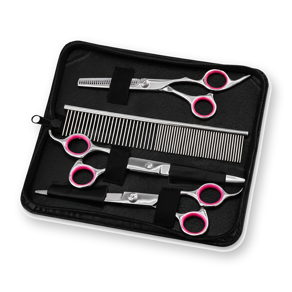 TrimSet Dog Grooming Scissors Kit with Case on a white background