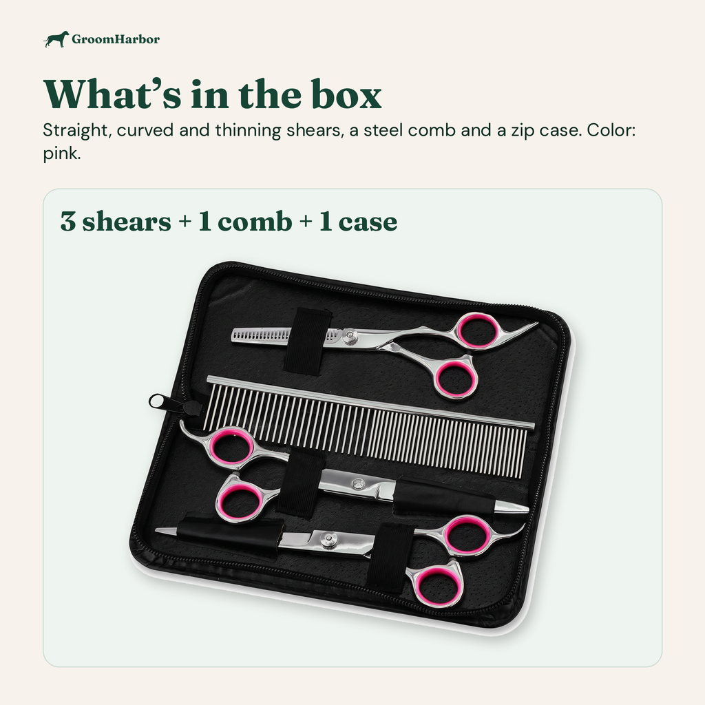 What is in the box: TrimSet Dog Grooming Scissors Kit with Case