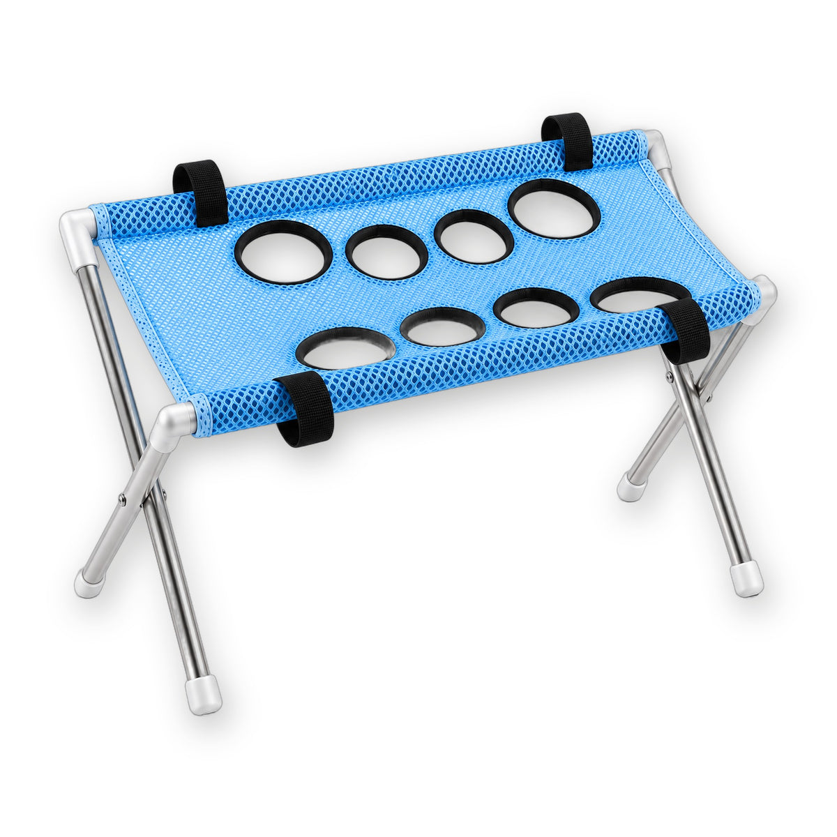 GroomHarbor Fold-Up Grooming Stand, blue mesh pet bath and grooming stand with 8 leg openings on a folding stainless X frame