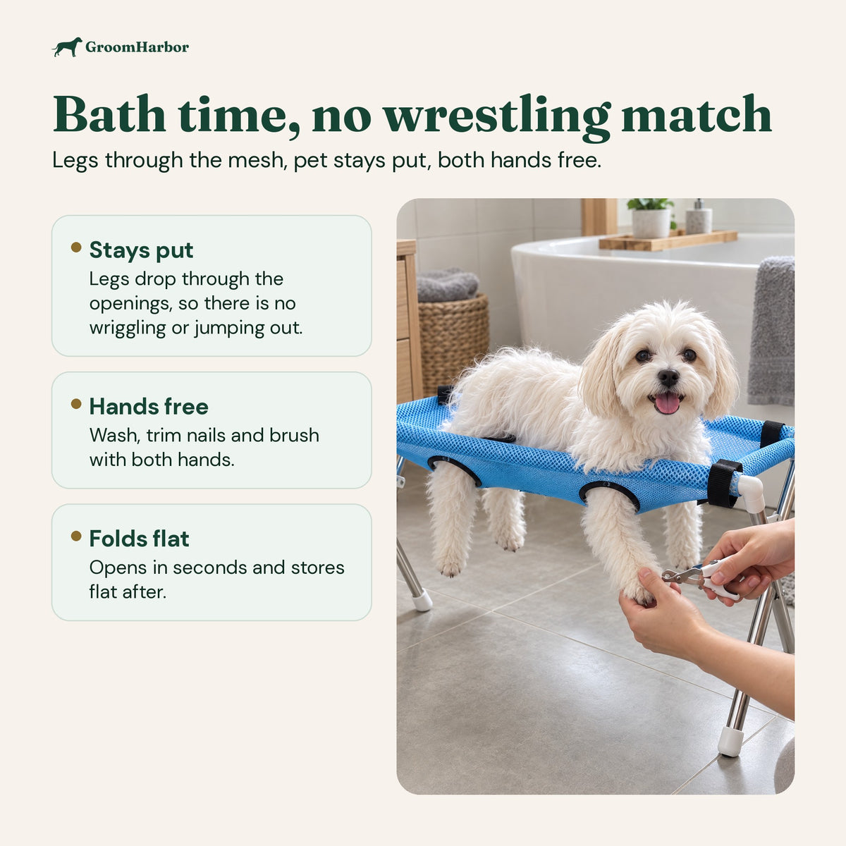 Small white dog standing in the Fold-Up Grooming Stand in a bathroom while its nails are clipped