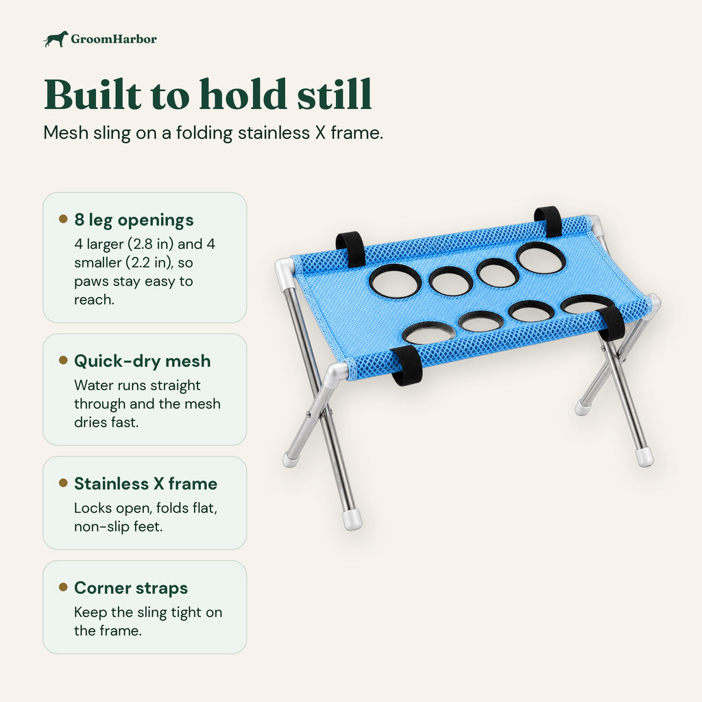 Grooming stand parts: 8 leg openings (4 larger 2.8 in, 4 smaller 2.2 in), quick-dry mesh, stainless X frame, corner straps