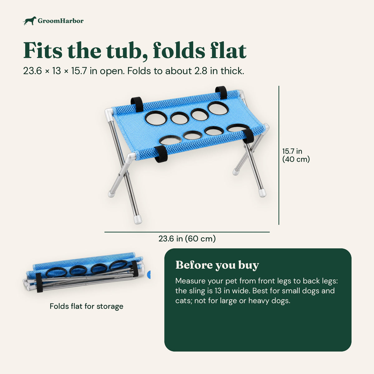 Grooming stand size: 23.6 x 13 x 15.7 in open, folds flat; best for small dogs and cats