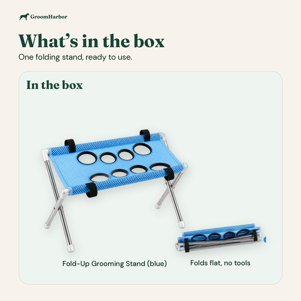 What's in the box: one fold-up grooming stand in blue, folds flat with no tools